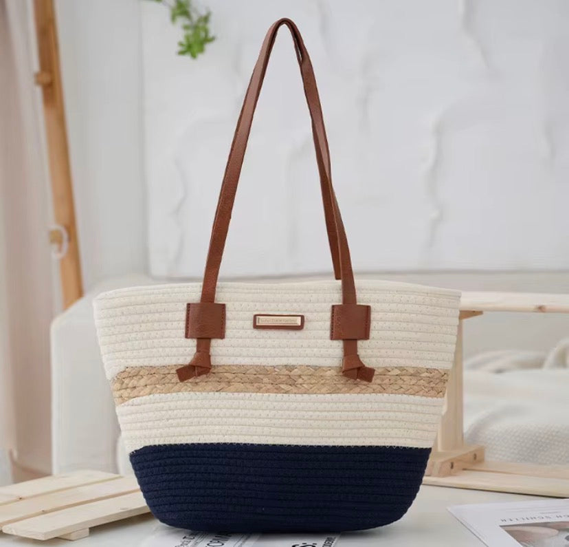Sac Tote Boho Bicolore – Paille & Cuir
