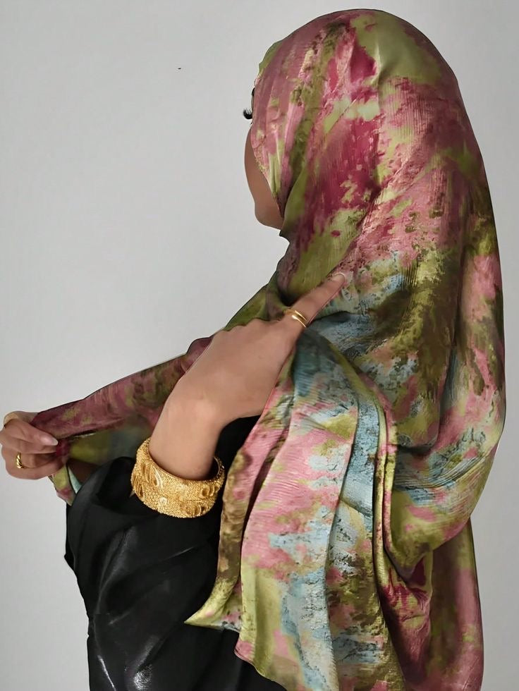 Hijab Satin Imprimé Floral — Kaki & Rose