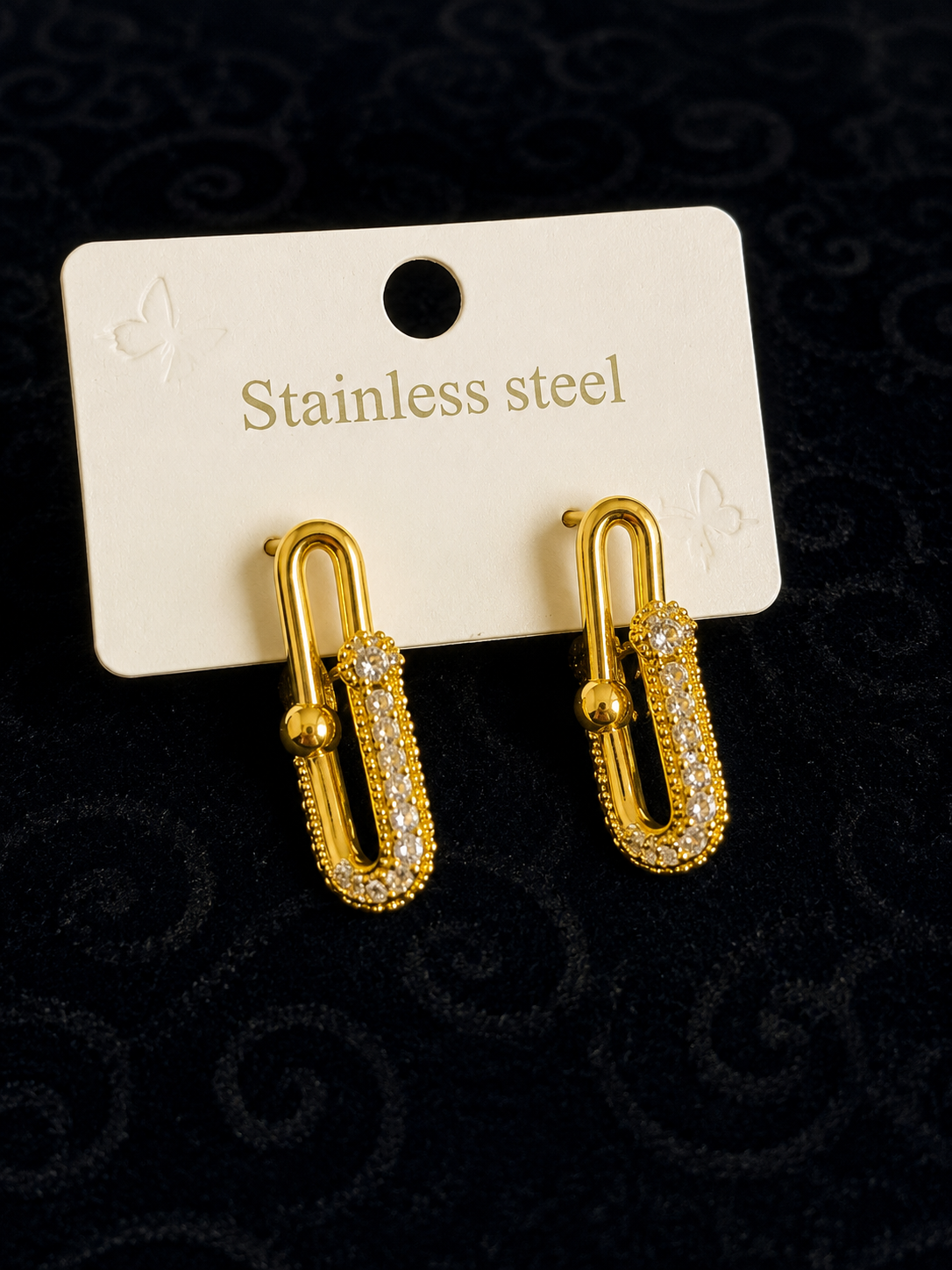 Boucles d'Oreilles Maillon Doré Zircons — Acier Inoxydable