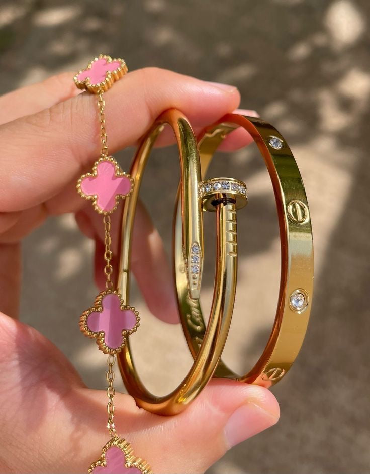 Set Bracelets Dorés — Jonc, Clou & Trèfle Onyx