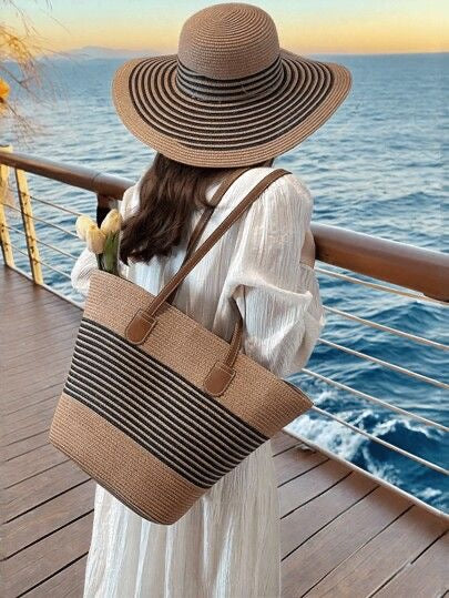 Set Sac & Chapeau Paille Rayé Camel