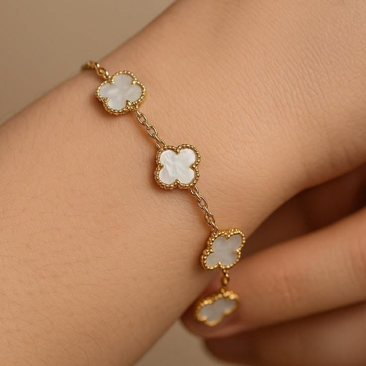 Bracelet Van Cleef Chaîne Dorée 5 Trèfles Émail
