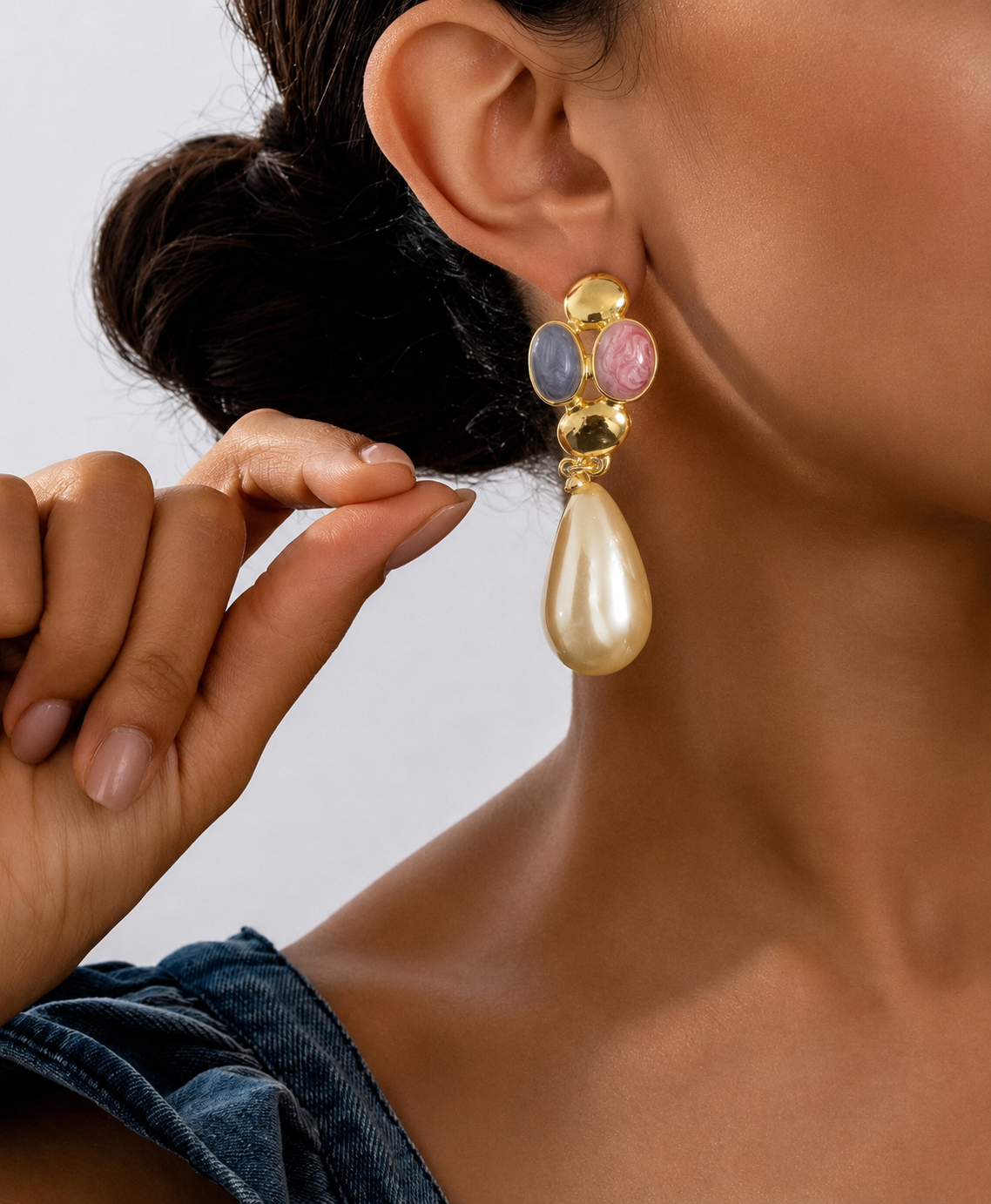 Boucles d'Oreilles Pendantes Perle & Cabochons Pastel