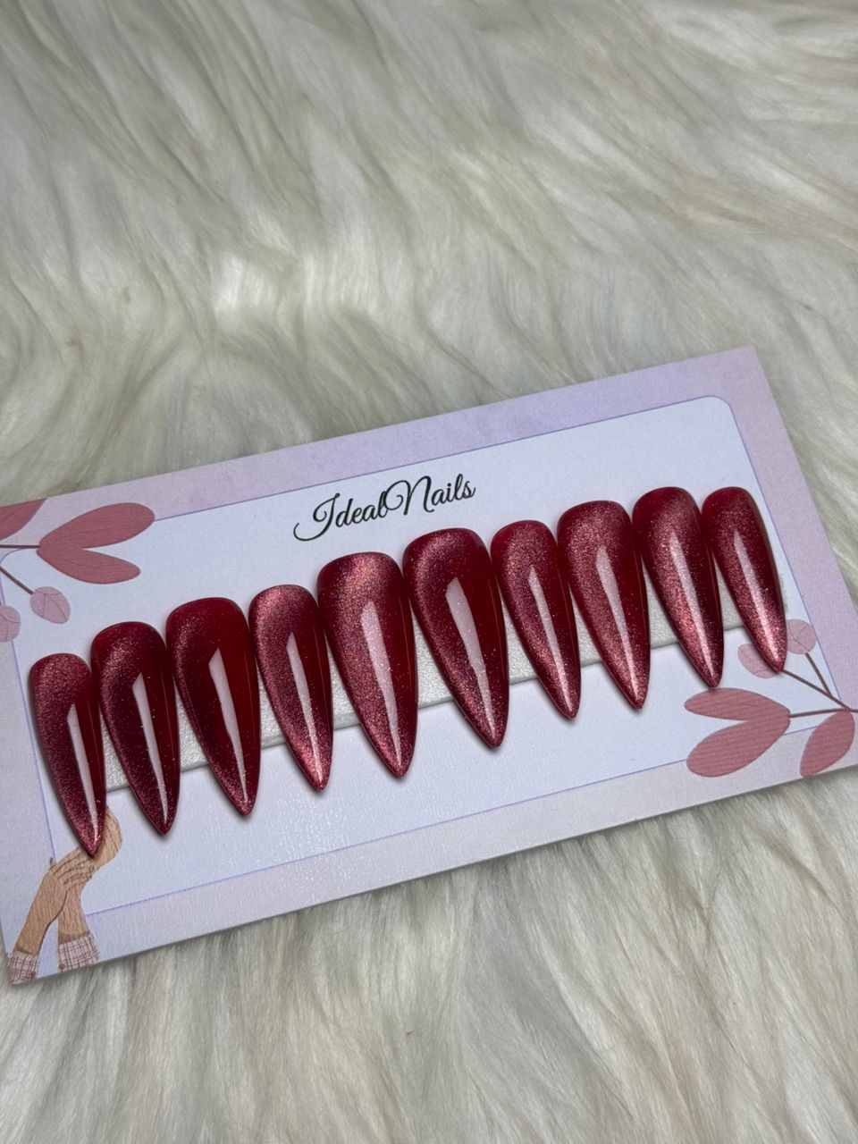 Press-On Nails Stiletto Rouge Bordeaux Métallisé