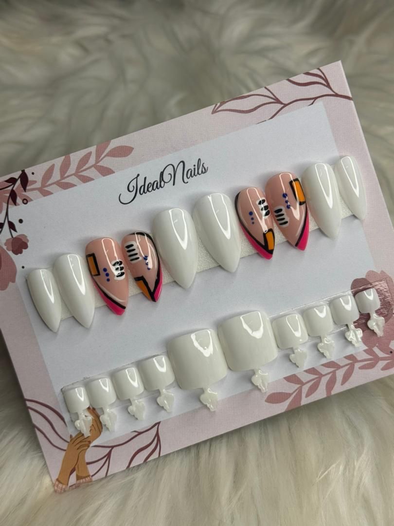 Press-On Nails Stiletto Blanc Art Abstrait Multicolore
