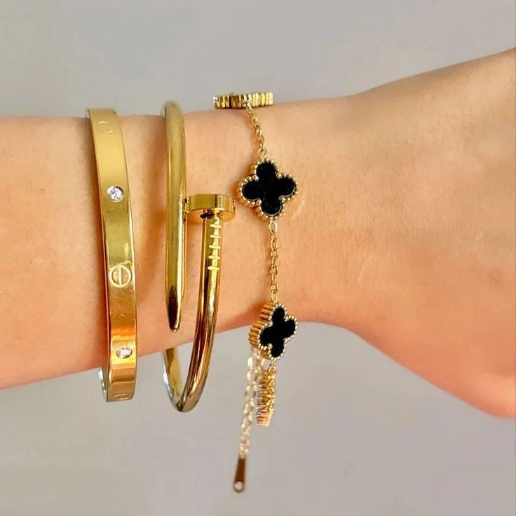 Set Bracelets Dorés — Jonc, Clou & Trèfle Onyx