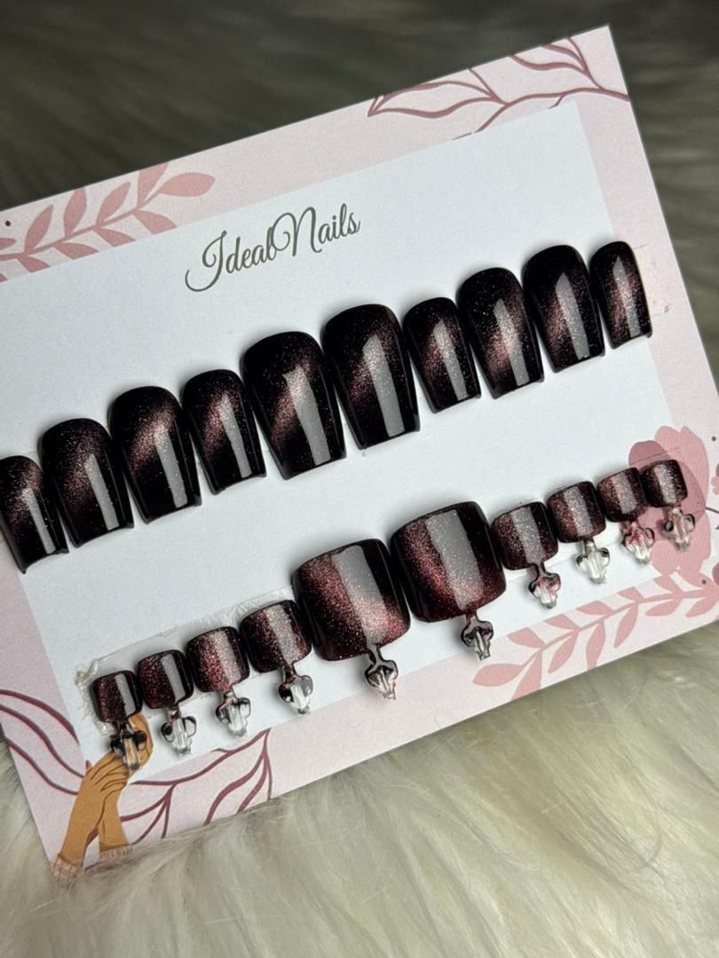 Press-On Nails Carré Noir Prune Glitter & Cristaux