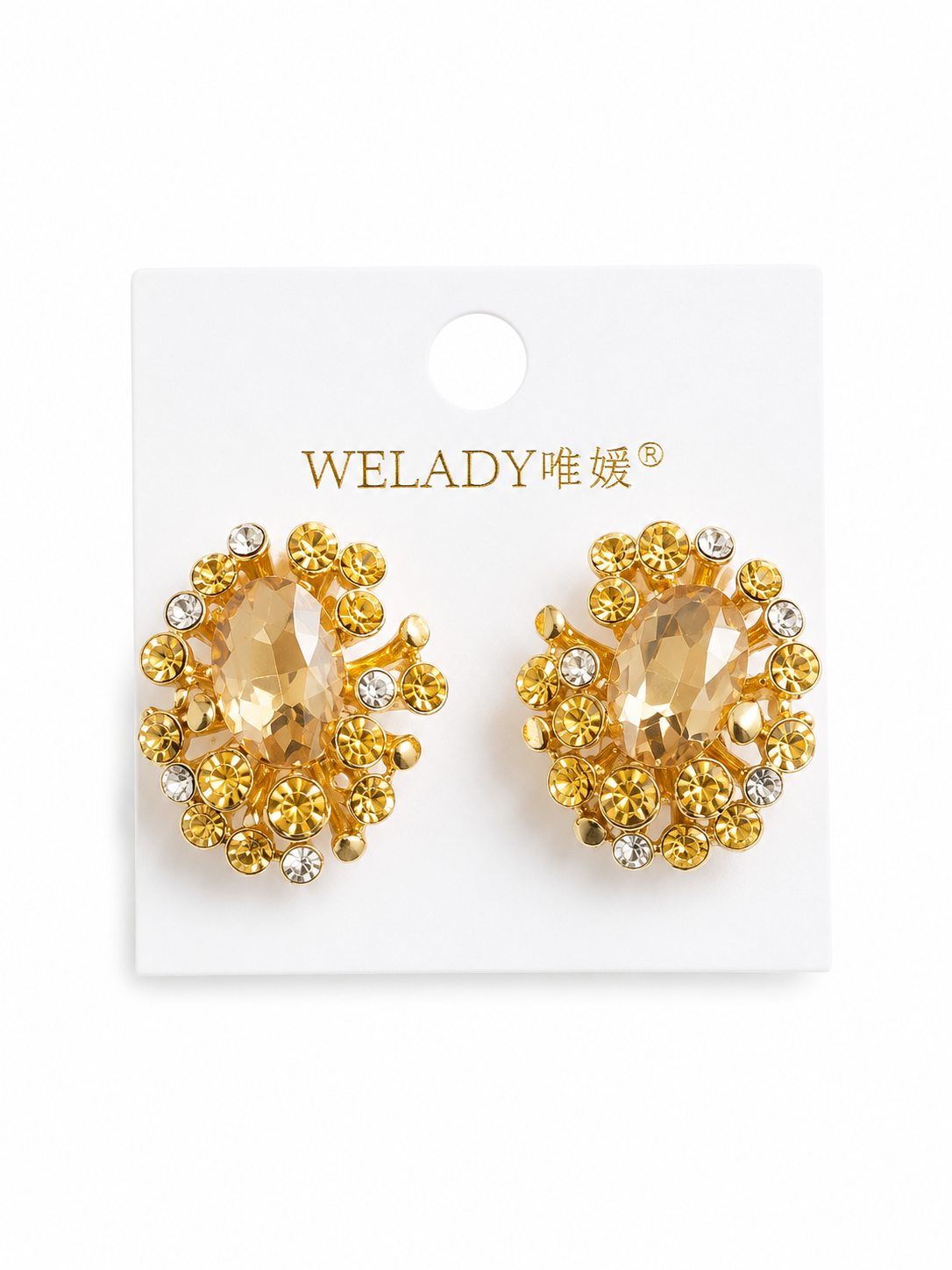 Boucles d'Oreilles Clips Dorées Cristal Topaze Pavé Strass