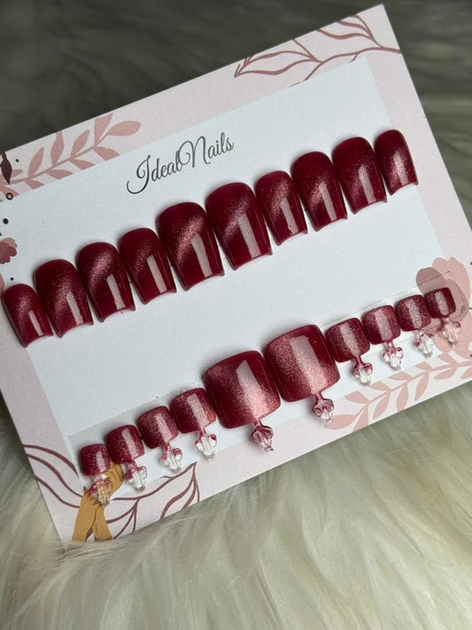 Press-On Nails Carré Rouge Bordeaux Glitter & Cristaux