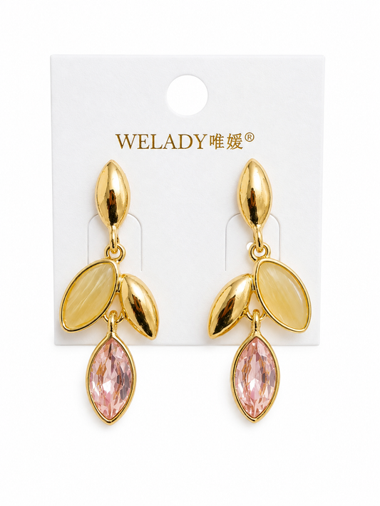 Boucles d'Oreilles Pendantes Feuilles Dorées et Cristal Rose