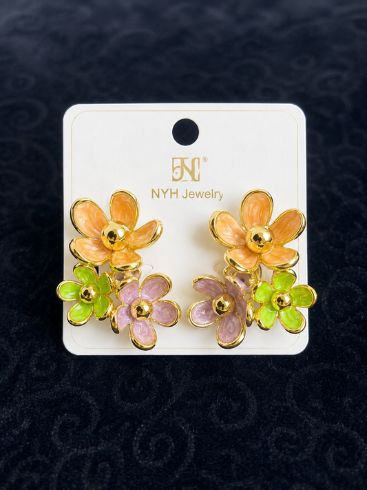 Boucles d'Oreilles Puces Bouquet de Fleurs Émail Multicolore Doré