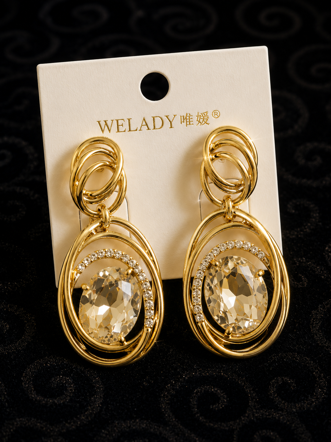 Boucles d'Oreilles Pendantes Cristal Champagne & Anneaux Dorés