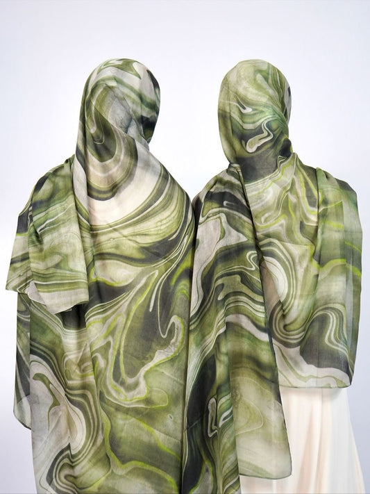 Hijab Mousseline Imprimé Marbre Vert