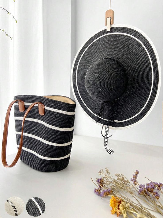 Set Sac & Chapeau Paille Noir Rayé